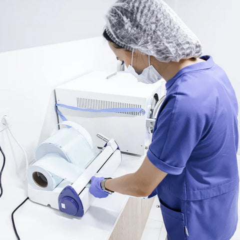 Lab technician in blue scrubs and mask operating laboratory equipment for CBD testing.