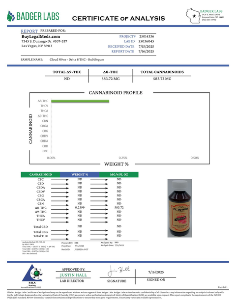Cloud N9ne Syrup: Bubble Gum - 500 mg Delta 8 THC