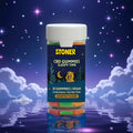 CBD gummies bottle labeled 'Sleepy Time' with assorted flavors, stars, and clouds background