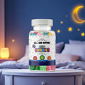 Cloud N9ne CBD nighttime gummies in a clear jar on bedside table, cozy bedroom, moon and stars wall decor
