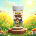 Jar of infused vegan mushroom gummies on a wooden stump in a colorful cartoon garden.