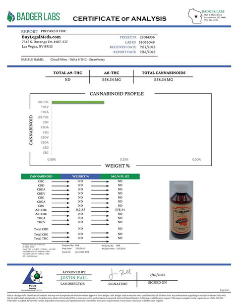 Cloud N9ne Syrup: Strawberry - 500 mg Delta 8 THC