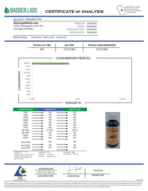 Cloud N9ne Syrup: Unflavored - 500 mg Delta 8 THC