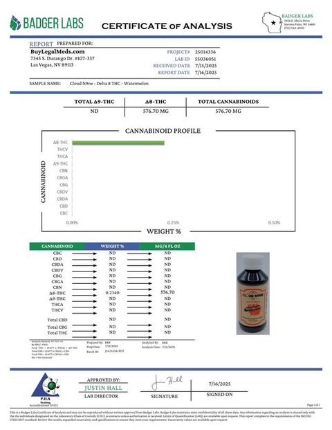 Cloud N9ne Syrup: Watermelon - 500 mg Delta 8 THC